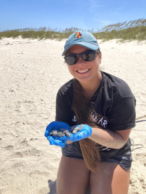 A woman wearing a hat on the beach smiling with blue gloves on her hands, holding Kemp's Ridley sea turtle hatchlings.